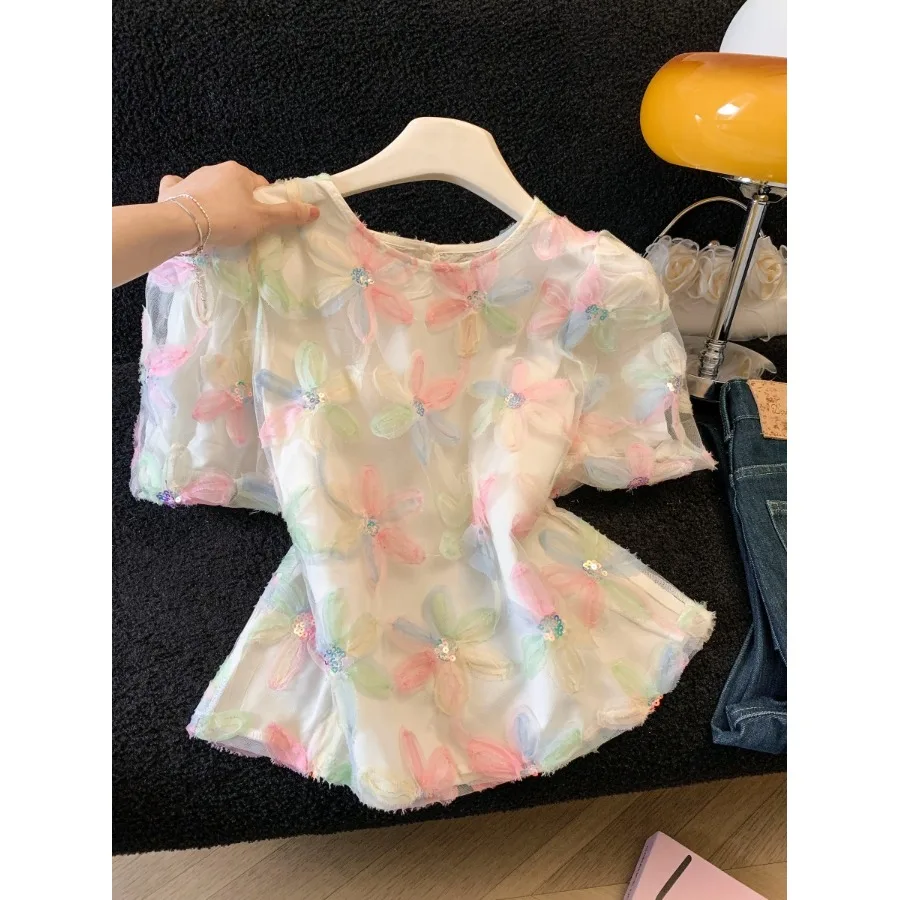 

Elegant round Neck Lace Shirt Women's Summer Fashion Heavy Embellished Ogees Lantern Sleeve Base Shirt Sweet Sequin Women's Top