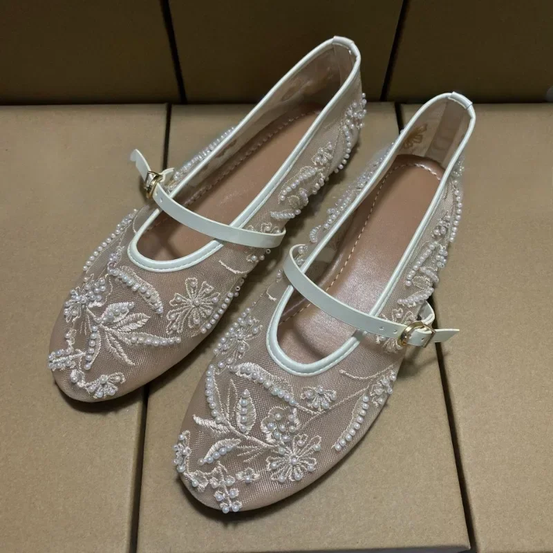 

Женские балетки с кружевной вышивкой и сеткой в стиле ретро, дизайнерские удобные легкие брендовые летние женские туфли Мэри Джейн с пряжкой и ремешком