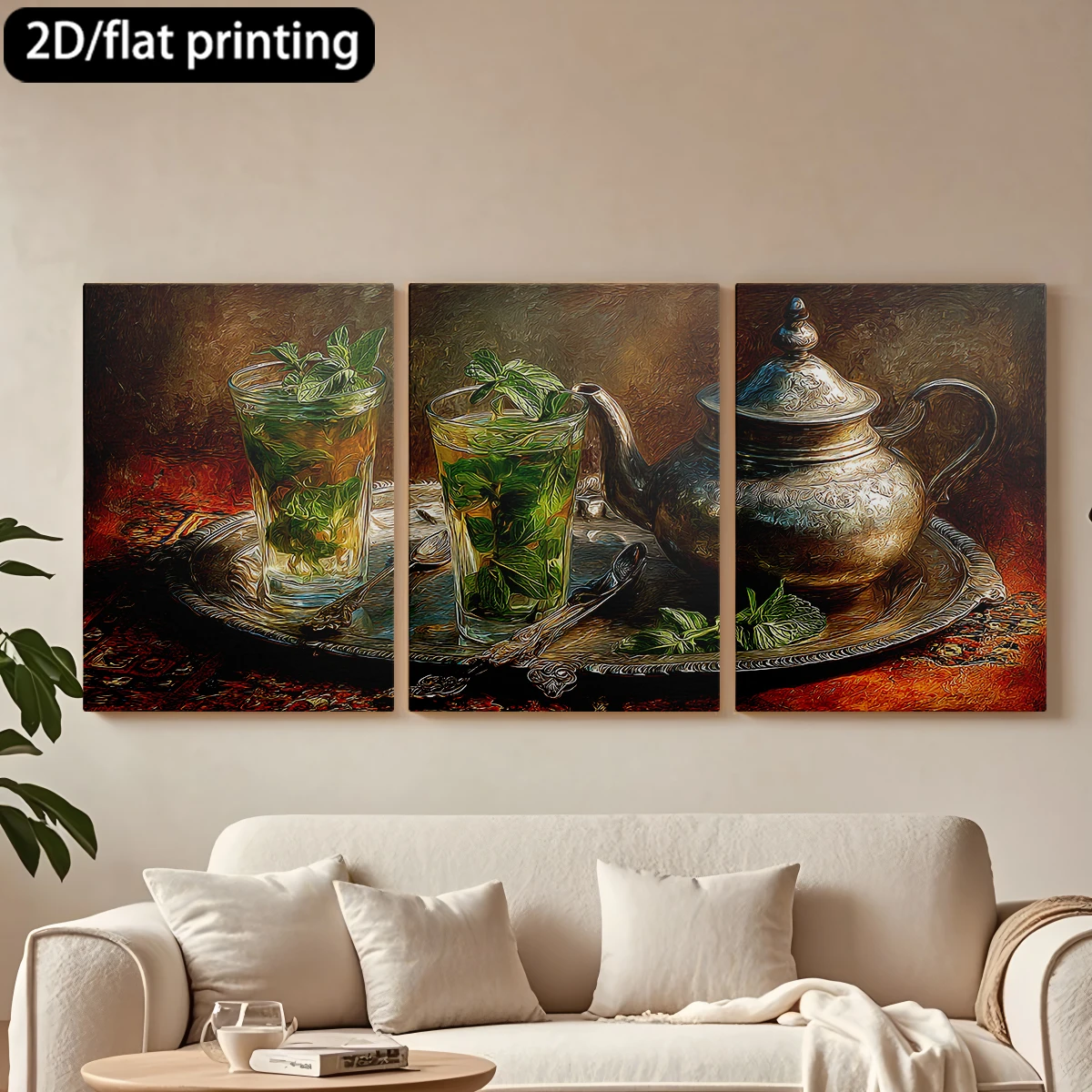 Impresión plana 2D, cuadro decorativo de lona con marco de madera de 3 piezas, tetera plateada, té con extracto de menta. Decoración para pasillo y dormitorio.