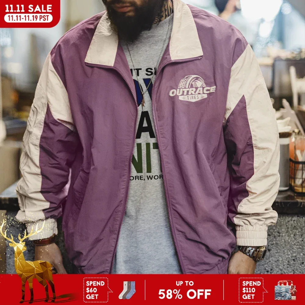 

Maden Vintage Men's Spring Splice Racing Jacket Embroidered Outdoor Motorcycle Style Zip-Up Outerwear Lapel Casual Blue Jackets