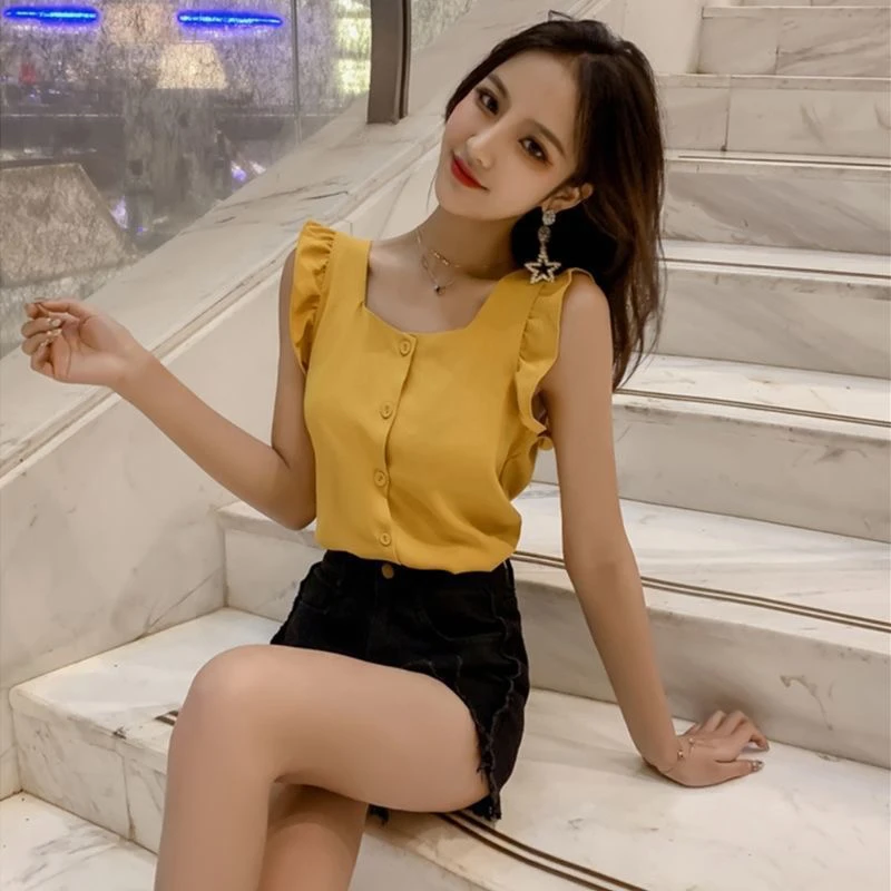 

French Style Square Collar Sleeveless Short Length Shirts for Women Summer New Loose Loose Belly Covering Flying Sleeve Chiff...