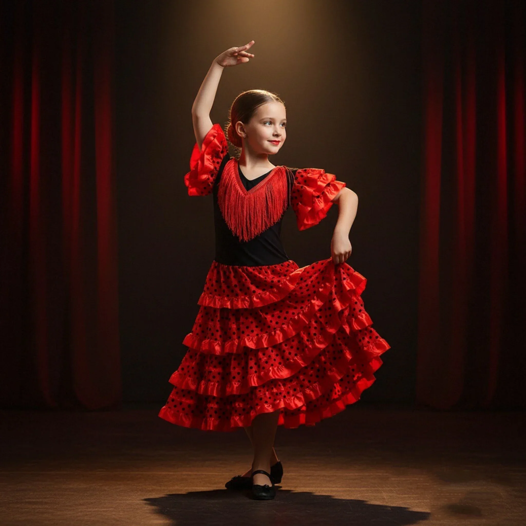Spanisches Flamenco-Tanzkostüm für Kinder, rotes und schwarzes langes Kleid, Mädchen-Karnevals-Bühnenoutfit für Festival-Cosplay-Party – Detail 9