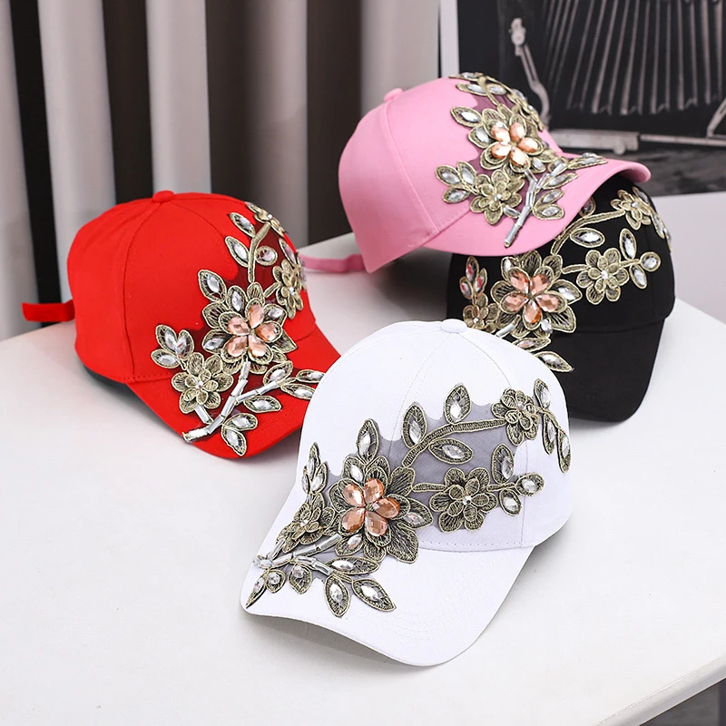 Cross Border Handmade Rhinestone Baseball Cap Heavy Industry Gold Thread Floral Hat Fashion Light Luxury Crystal Duckbill Hat In