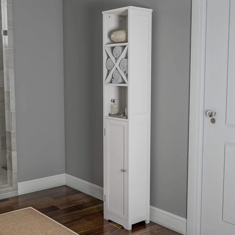

Linen Tower- 67” Tall Bathroom Or Laundry Room Storage Cabinet With Cubbyhole Divider For Towels-Adjustable Shelves & Cupboard