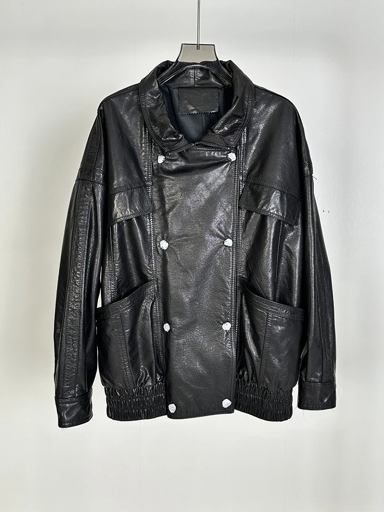 Faionable véritable eepskin cuir Jaet ample mi-long moto manteau Bla automne nouveauté femmes Premium cuir manteau