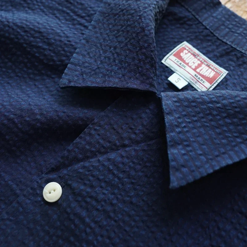 Sauce Zhan Mans Shirts Indigo Seersucker Short Sleeve Shirt for Men Vintage Regular Fit