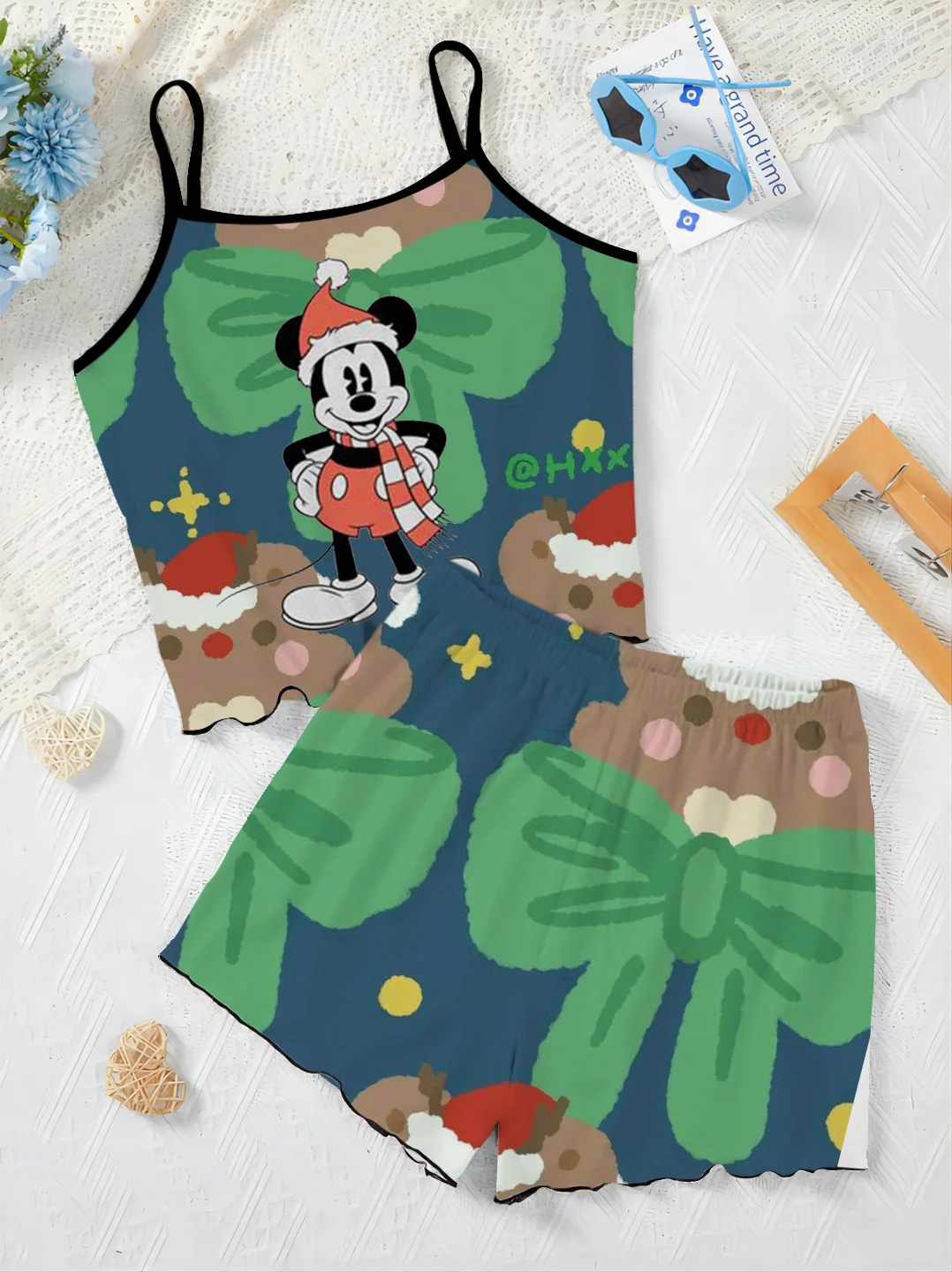 Elegant ผู้หญิงชุดชุดเดรส Disney Mickey Top ชุดนอนกระโปรงผักกาดหอม Trim คริสต์มาส Minnie Mouse เสื้อยืดชิ้นชุดสั้นด้านบน