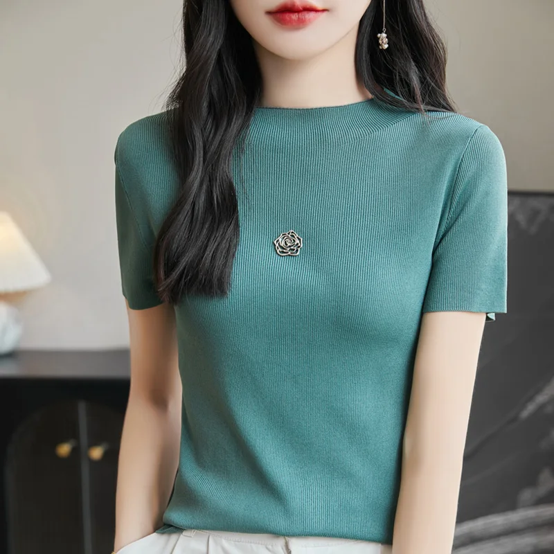 

Women's Short-Sleeved O-Neck T-shirt Pullover, Cool Silk, Casual Tops, Sold Color,Slim Knitted T-shirt, Summer Fashion, New