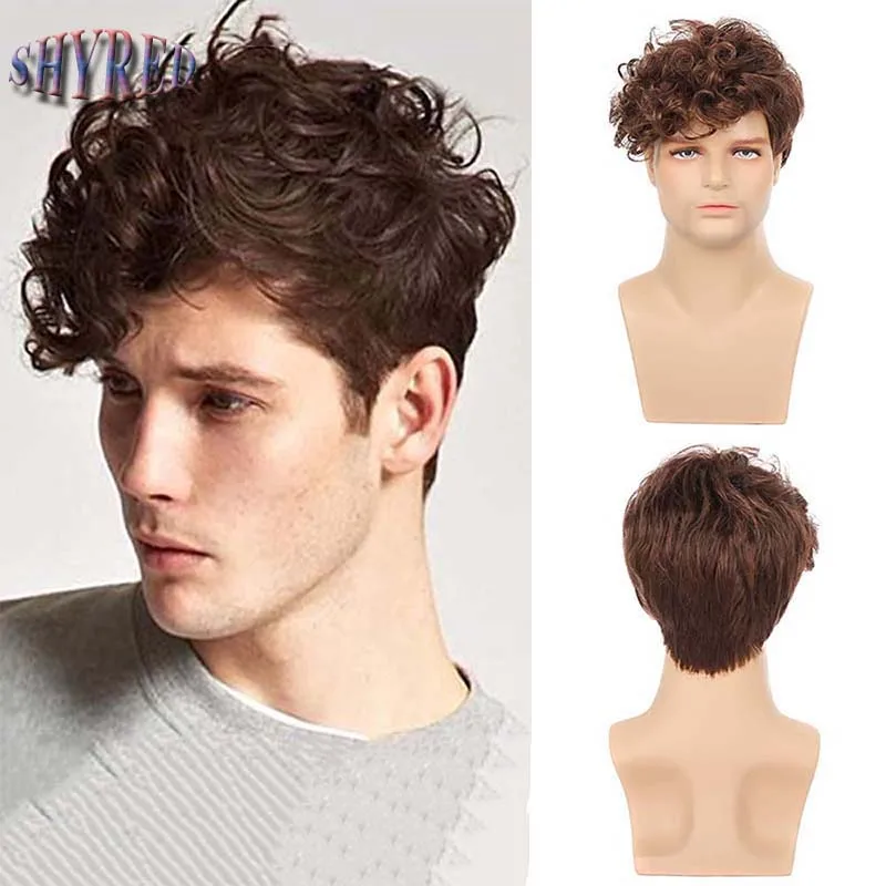 

Short Men Synthetic Curly Brown Wigs With Side Bangs Nature Breathable Fake Hair for Male Daily Cosplay Wig Heat Resistant