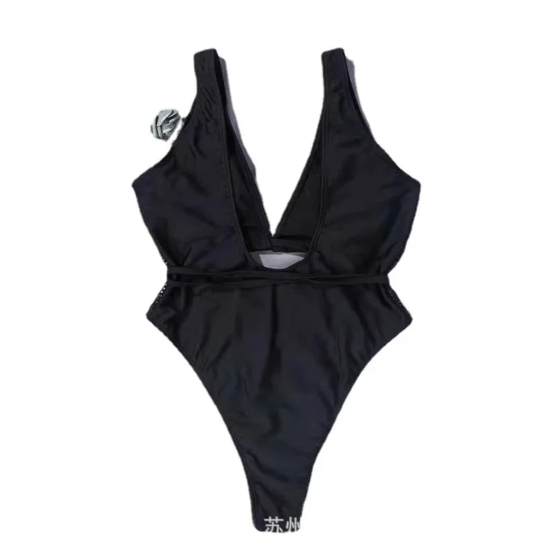 Euro-american swimsuit black mesh hollowed out lace-up one-piece swimsuit sexy tight swimsuit bikini spot wholesale