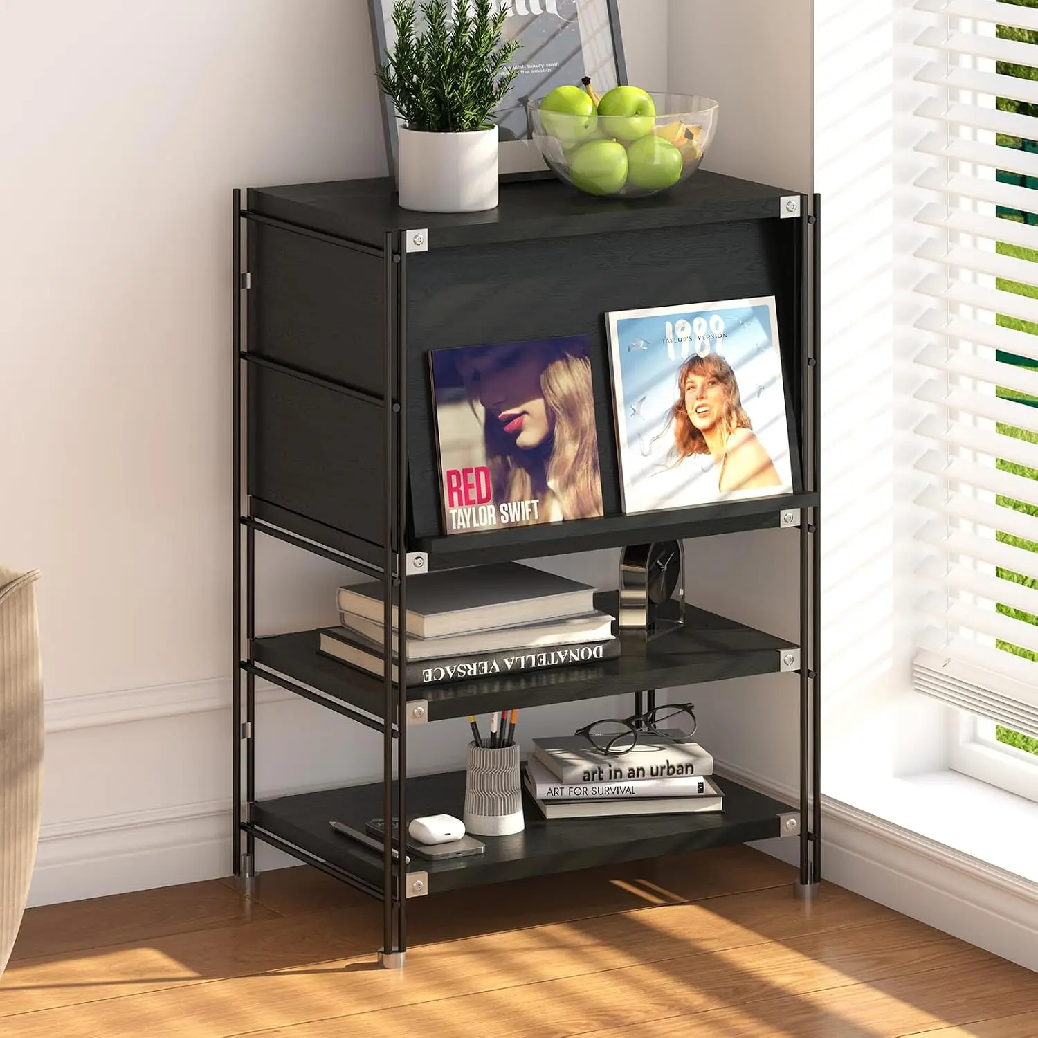3-Tier Wood & Metal Bookcase with Flip-Up Door, Standing Storage Organizer for Living Room Bedroom Office, H 35.43in, Customized