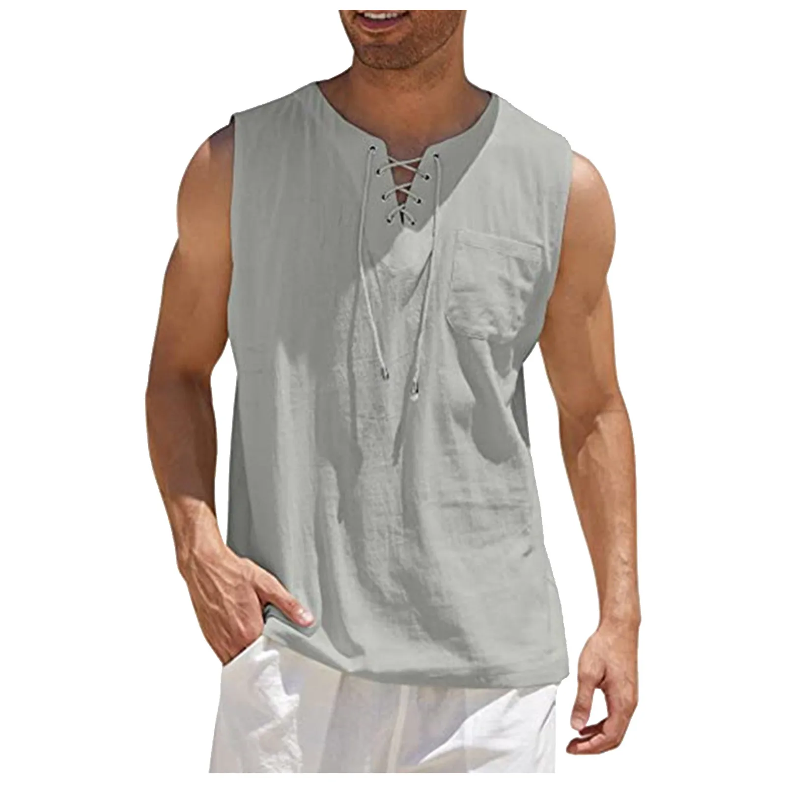 Майка Мужская льняная, модная повседневная рубашка без рукавов, на шнуровке, дизайнерский однотонный жилет, свободный крой, повседневный жилет для отдыха