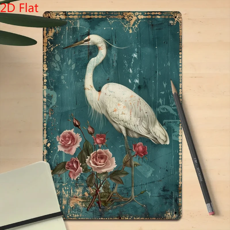 Vintage-Schild aus Metall mit Reiher und Rose, 20,3 x 30,5 cm, rustikale Eisen-Wandkunst, Garten- und Naturdekoration für Wohnzimmer und Schlafzimmer