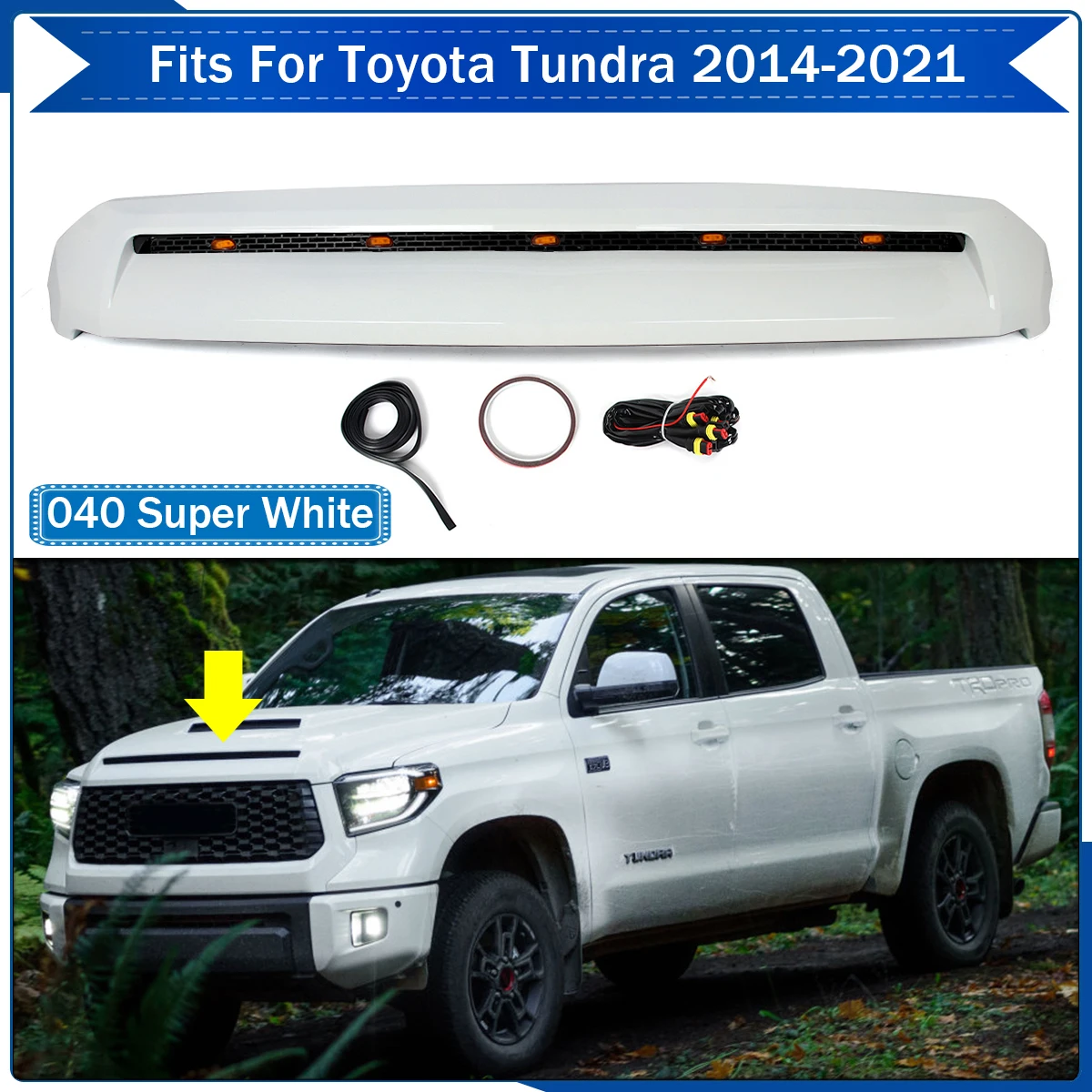 

Super White Front Hood Bulge Molding Trim For Toyota Tundra 2014-2021 with Light Front Bumper Upper Grille Front Hood Mesh Grill