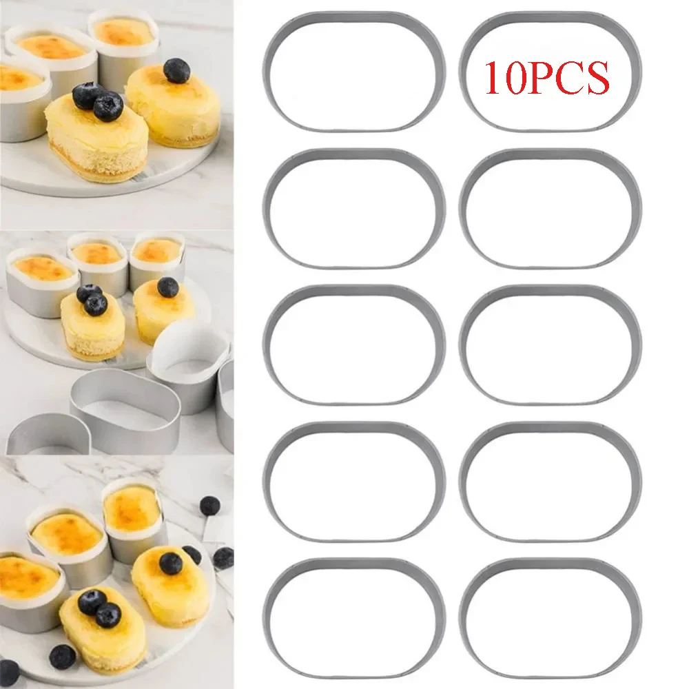 10PCS Stainless Steel Oval Half-ripened Cheese Mold Mini Non-Stick Tart Mousse Puffs Pastry Cheesecake Molds for Baking Tools