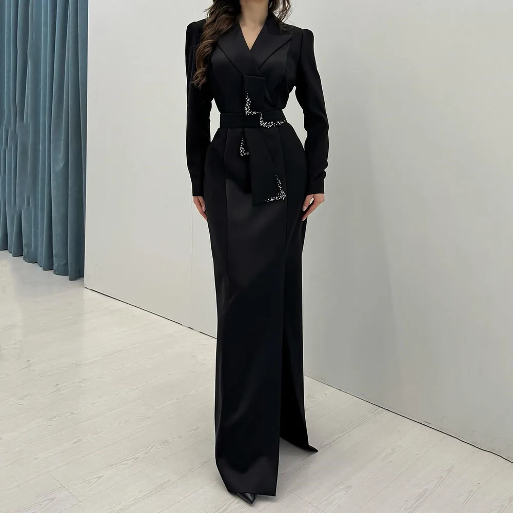 

Customized Straight Evening Dresses Floor-Length V-Neck Full Sleeve Prom Gown Fashion Crystal Sashes Side Split Party Gown