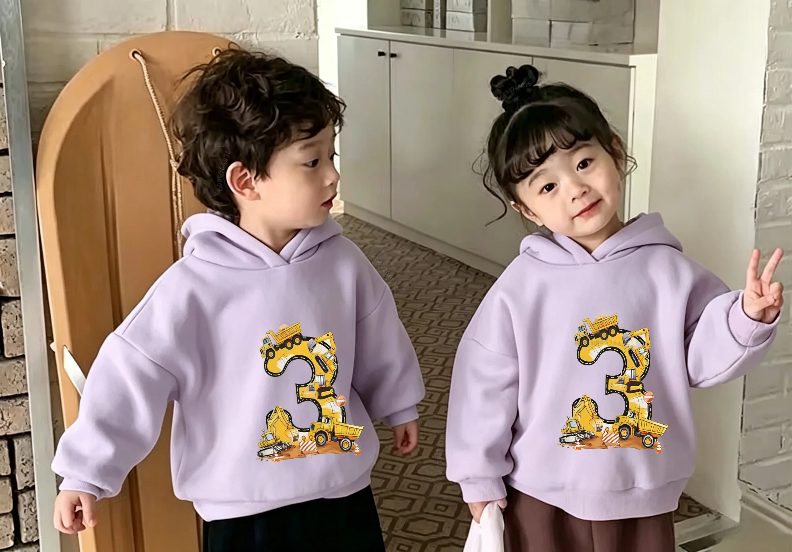 Autumn-Winter Latest Model Excavator-Tractor Digital Printing Children's Hooded Sweatshirt Birthday Gift Loose Fitted Sweater