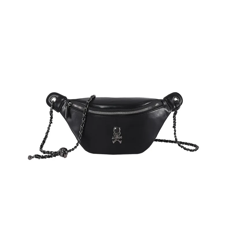 Newly Women Black Chain Fanny Pack Punk Girls Leather Waist Bag Gohtic Skull Cross Design Sport Chest Bag Unisex Large Belt Bag