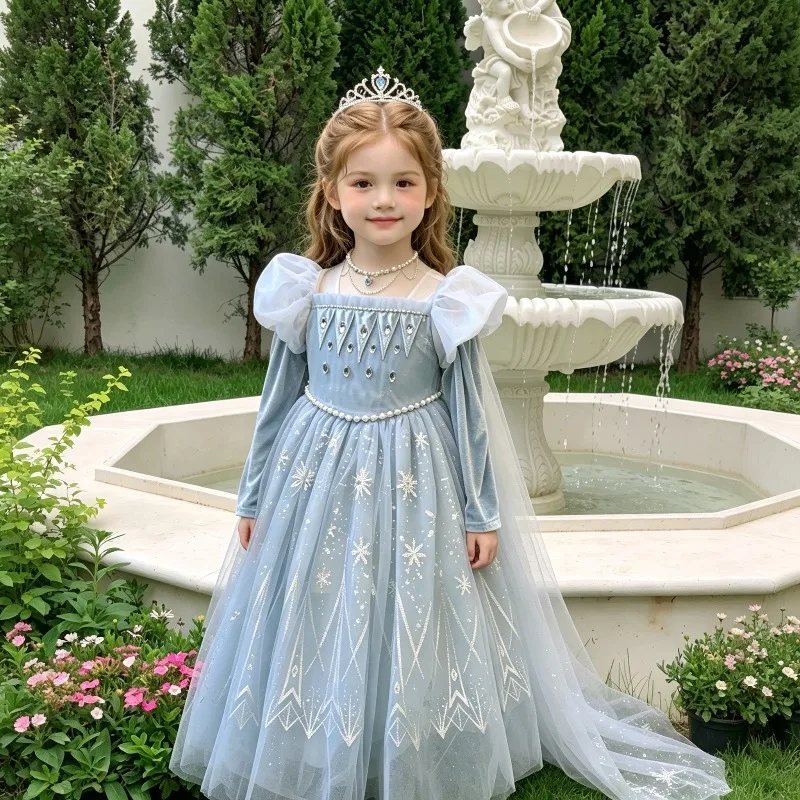 Blue Kids Princess Dress Snowflake Print Tulle Ball Gown Puff Girls Birthday Party Costume Rhinestone Children Pageant Dress