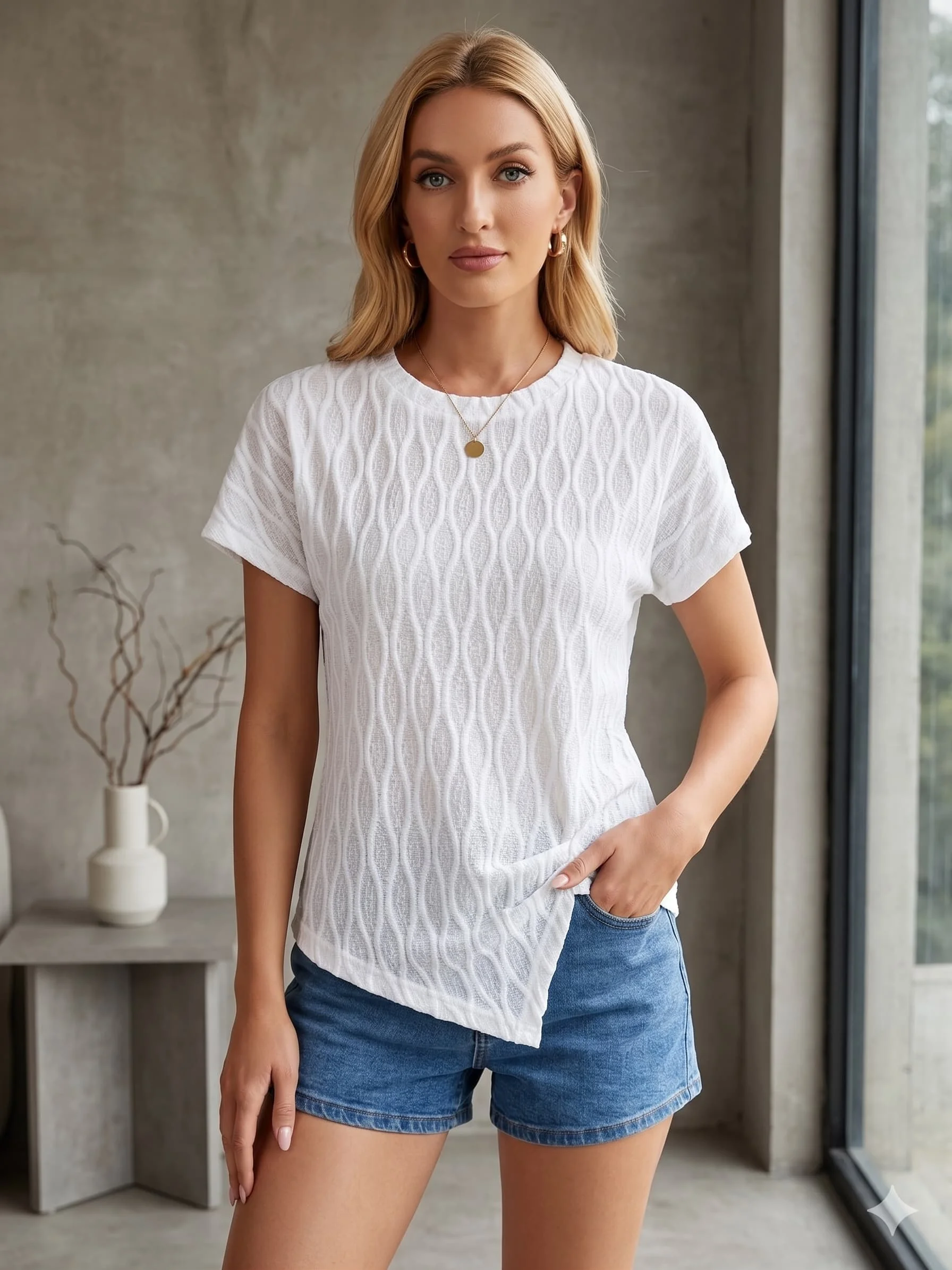 Lightweight Breathable Summer Top Women Casual Textured Crew Neck Short Sleeve T-Shirt Daily Basic