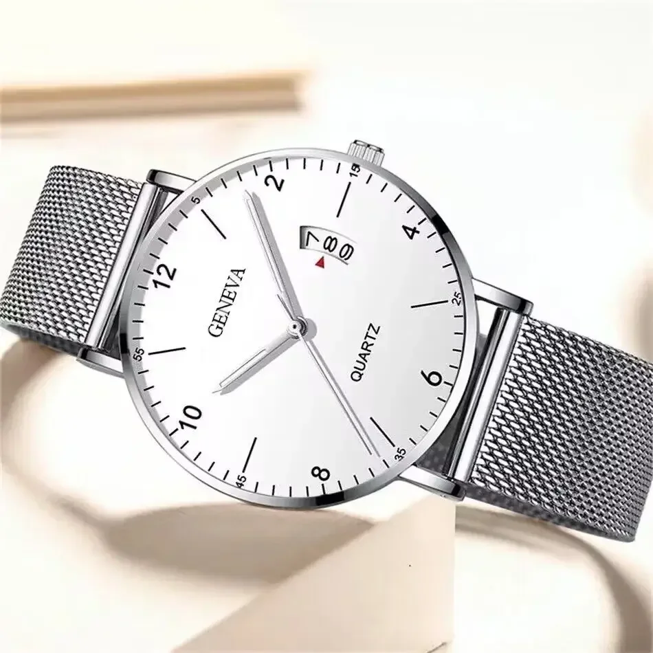 Montre Homme Casual Watch for Men Quartz Wristwatch Minimalist Mens Ultra-thin Stainless Steel Mesh Belt Business Calendar Clock