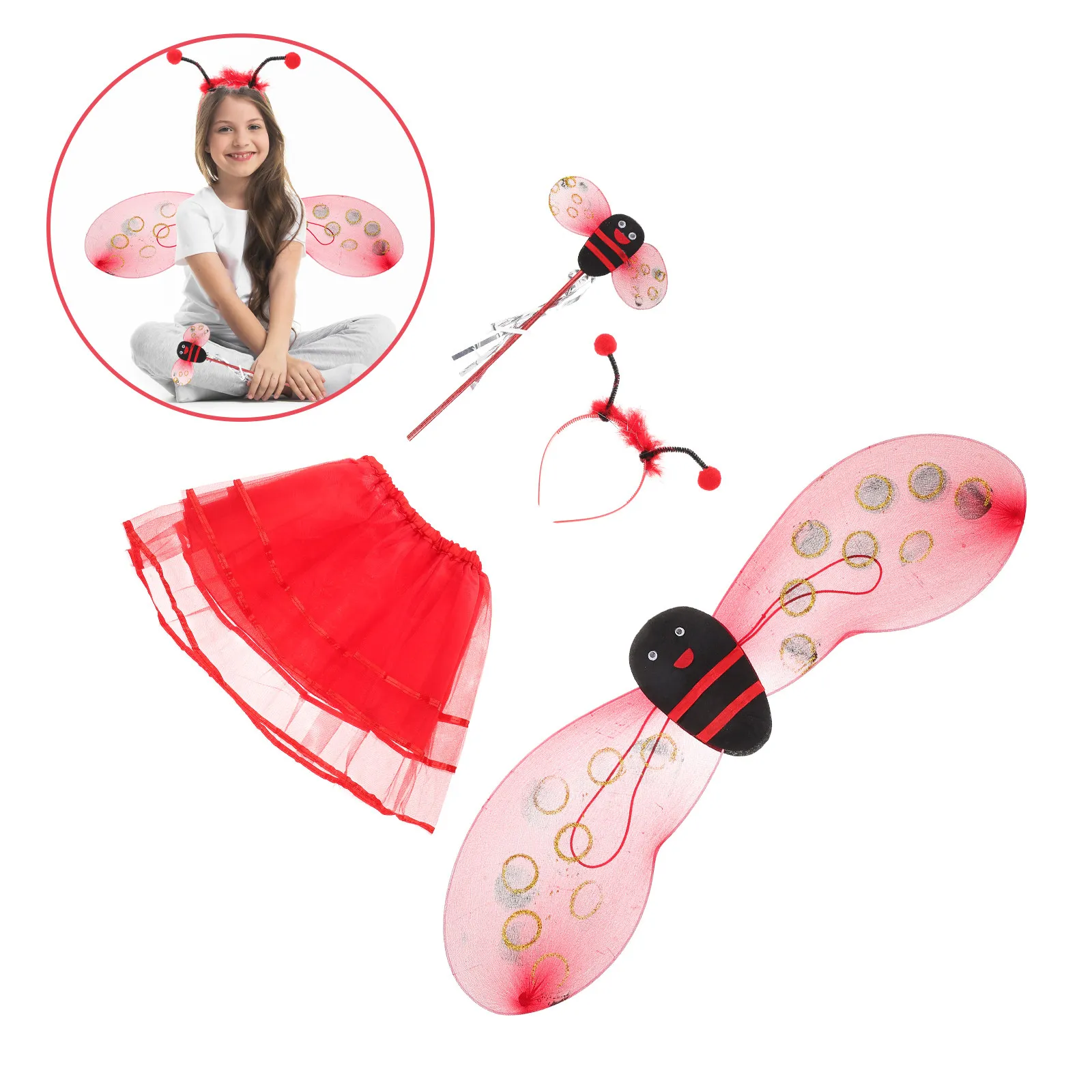 

Костюм божьей коровки для детей: крылья, юбка, повязка на голову. Прочный материал. Идеально для сценических выступлений, тематических вечеринок. Аксессуар для маскарада.