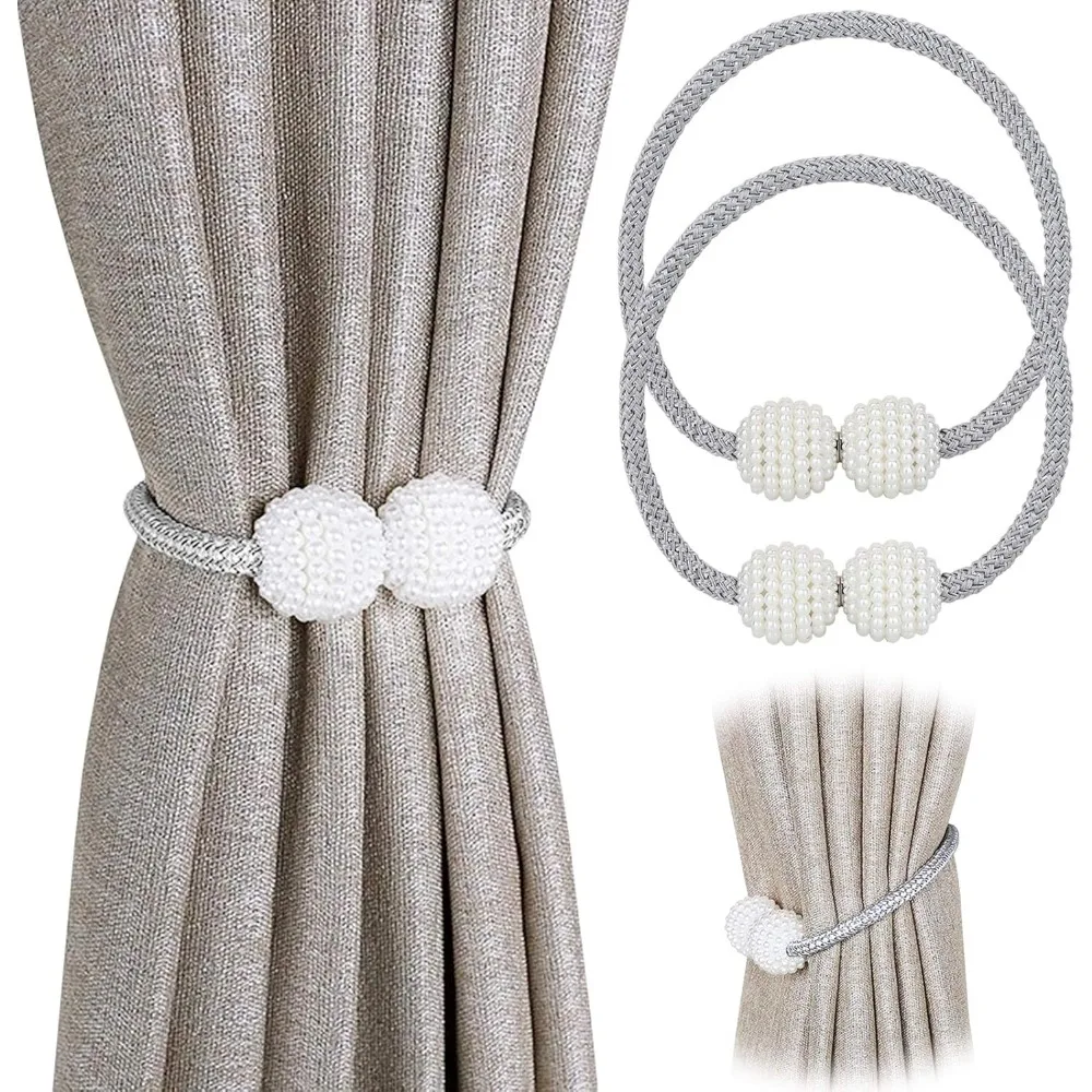 

Pinowu [2 Pack] Magnetic Curtain Tiebacks Convenient Drape Tie Backs,Pearl Decorative Rope Holdback Holder for Small, Thin or Sh