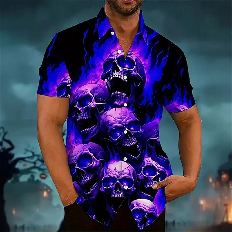 

Halloween Costume Mens Flaming Skull Print Short-Sleeve Shirt Retro Button-Down Short-Sleeve Casual Outdoor Print Collared Shirt