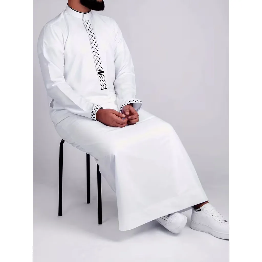 Muslim Men Embroidered Hooded Robe Middle Eastern Jubba Loose Long Sleeve Ethnic Thobe In Stock