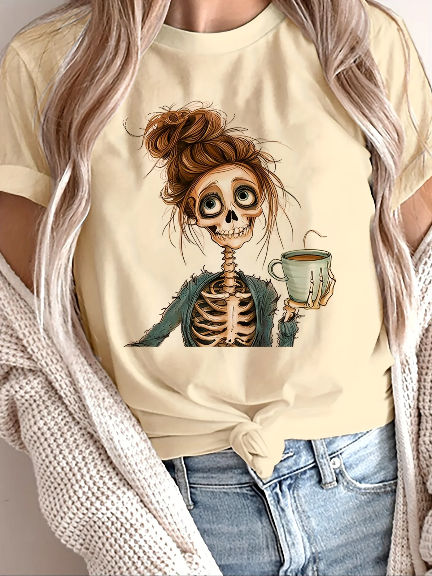 Halloween Portrait Skull Print Round Neck T-Shirt Casual Graphic T ShirtWomen's Holiday Halloween and Day of The Dead Clothes