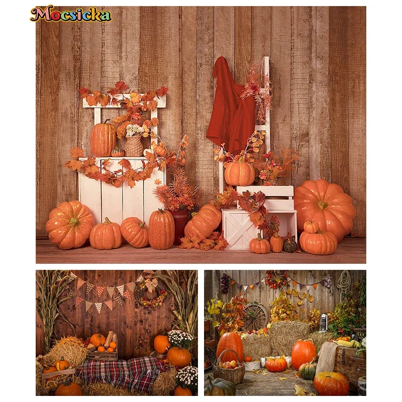 

Mocsicka Autumn Decoration Photography Background Vintage Wooden Walls Harvest Pumpkin Fallen Leaves Backdrops Studio Photobooth