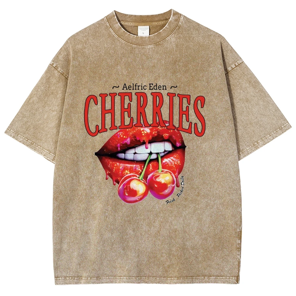 

Red Lips Cherry Printed Graphic T-shirt Heavyweight 260GSM Washed Black T Shirt Man Woman Clothing Pure Cotton Short Sleeve Tee