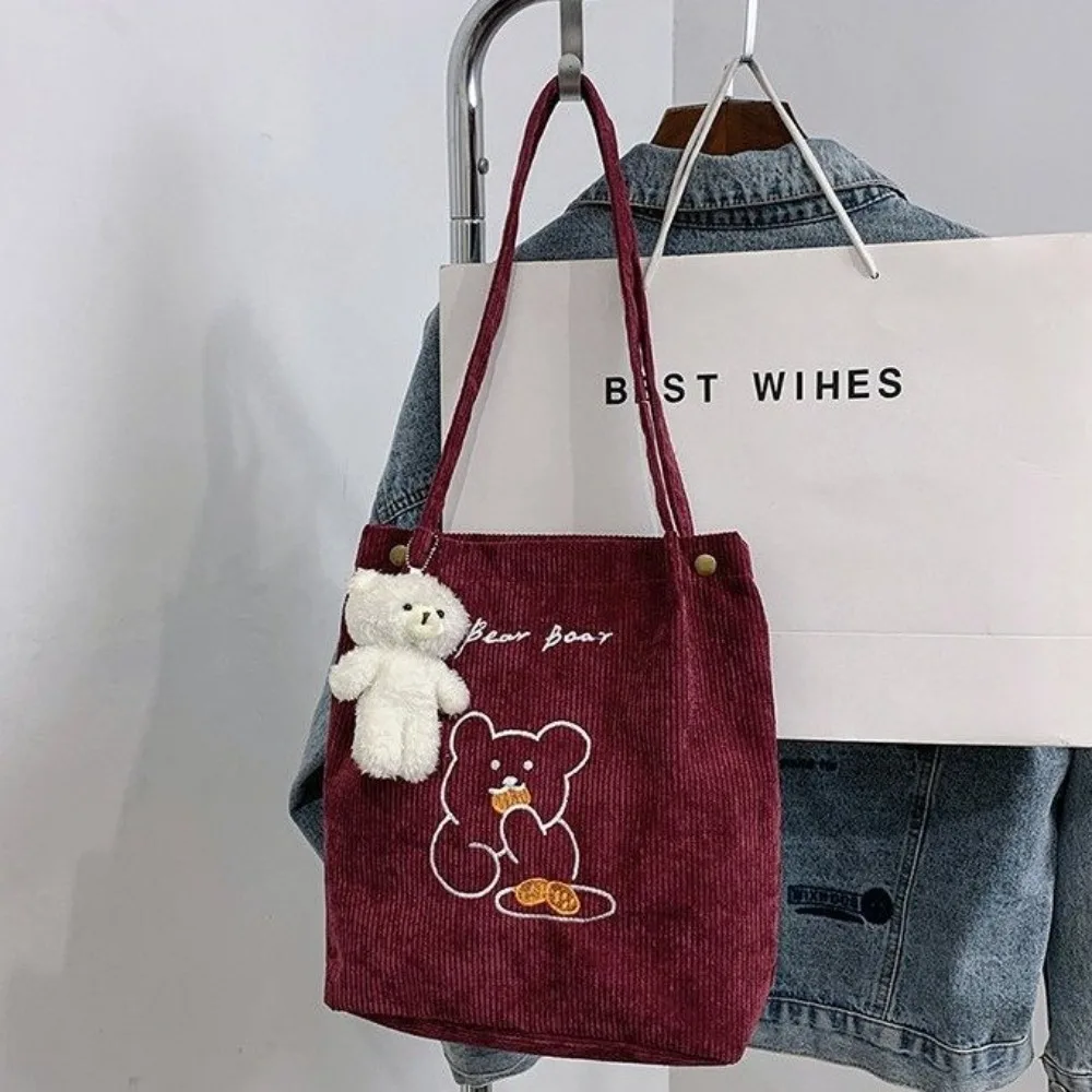 Women Corduroy Shoulder Bag High-capacity Bear Ladies Casual Handbag Tote Bag Reusable Large Capacity Cotton Shopping Beach Bags