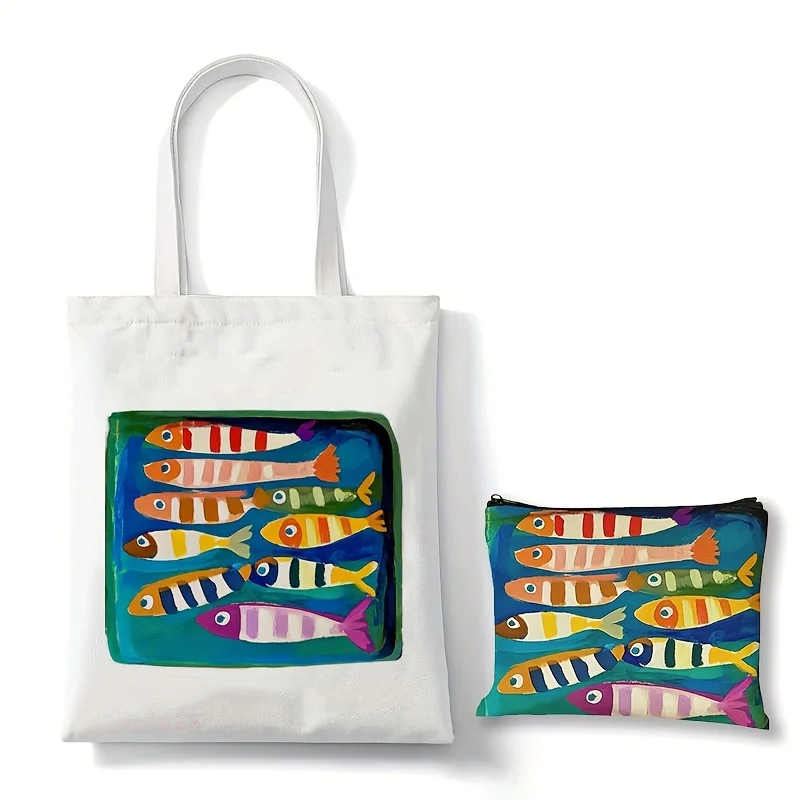 1pc colorido listrado peixe padrão saco de maquiagem-bolsa de armazenamento portátil elegante, bolsa de moedas multifuncional com fecho de zíper