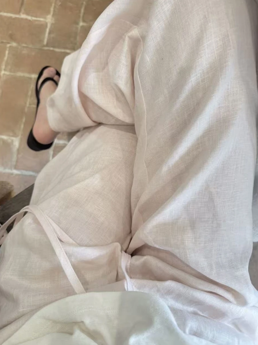 

Trendy Cotton Linen Wide Leg Pants Straight Cut Casual Trousers Women Summer High Waist Elastic Waistband Simple Style