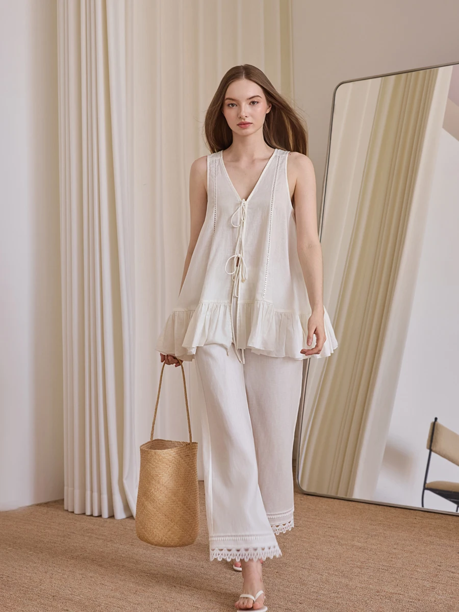 

Льняной топ IlisWang с V-образным вырезом, свободного кроя, повседневный, летний 2025, однотонный, с рукавами-колокол, миди-жилет