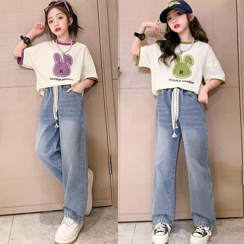 

Girl Outfit Sets Children Summer Cartoon Print T-shirt Tops and Denim Pants Teens 5 To 14 Years 2pc Fashion Kids Clothes Suits