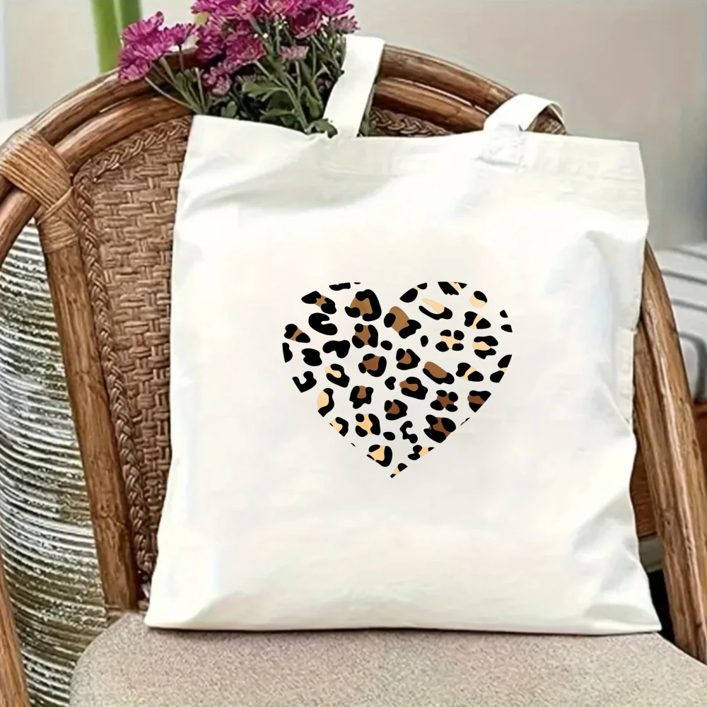 Shoulder Shopper Purse Hand Drawn Heart Outline Vibrant Spotted Cheetah Matrix Printed Double Handles Crisp White Base Travel