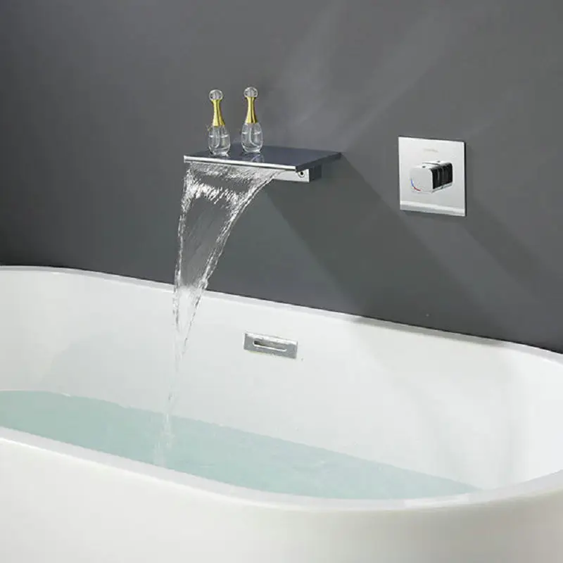 Silver In-wall Embedded Concealed Bathtub Faucet, Waterfall Spout, Made of Solid Copper, Hot and Cold Switch