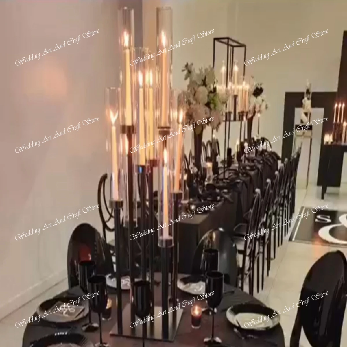 only for led candle)wedding black center piece decoration acrylic pillar tall candlesticks Metal  Pedestals Black Plinths Event