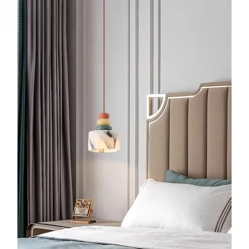 Janpanese Wabi-sabi Colored Stone Marble Texture LED Pendant Lights Indoor Plated Lamps for Bedroom Home Decoration Chandeliers