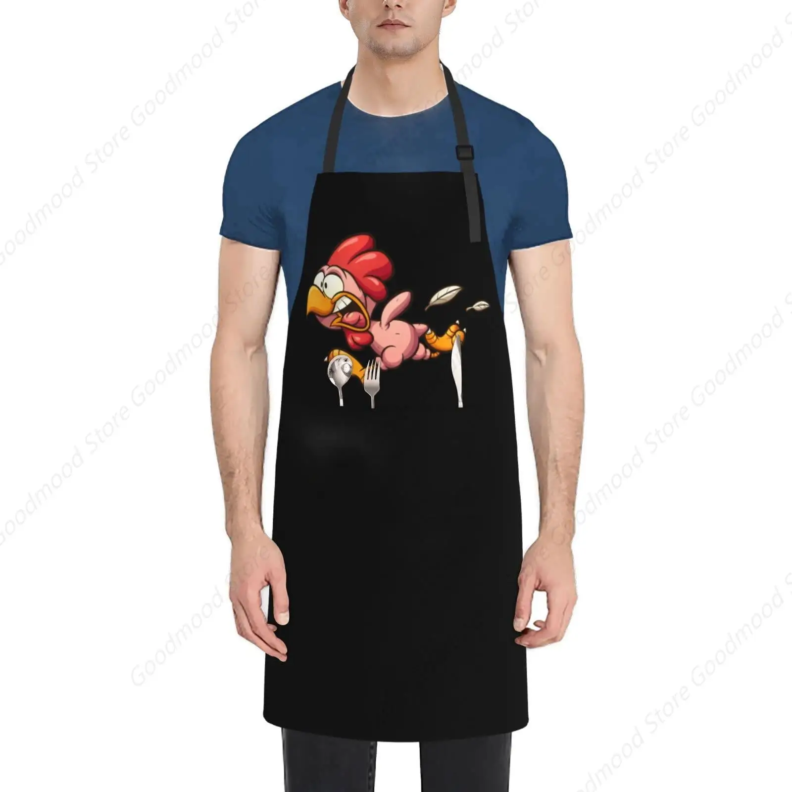 

Scared Cartoon Chicken Running Apron Adjustable Neck Aprons For Men Women With Pockets Waterproof Aprons
