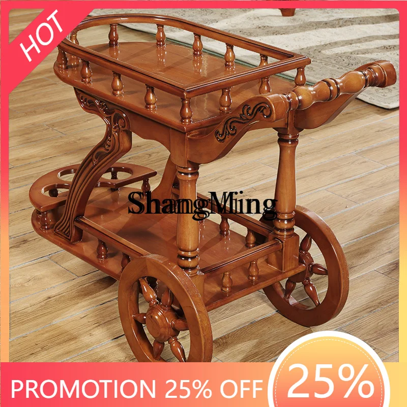 

CL wood wine cart mobile hand push carved meal preparation villa luxury family food delivery cart