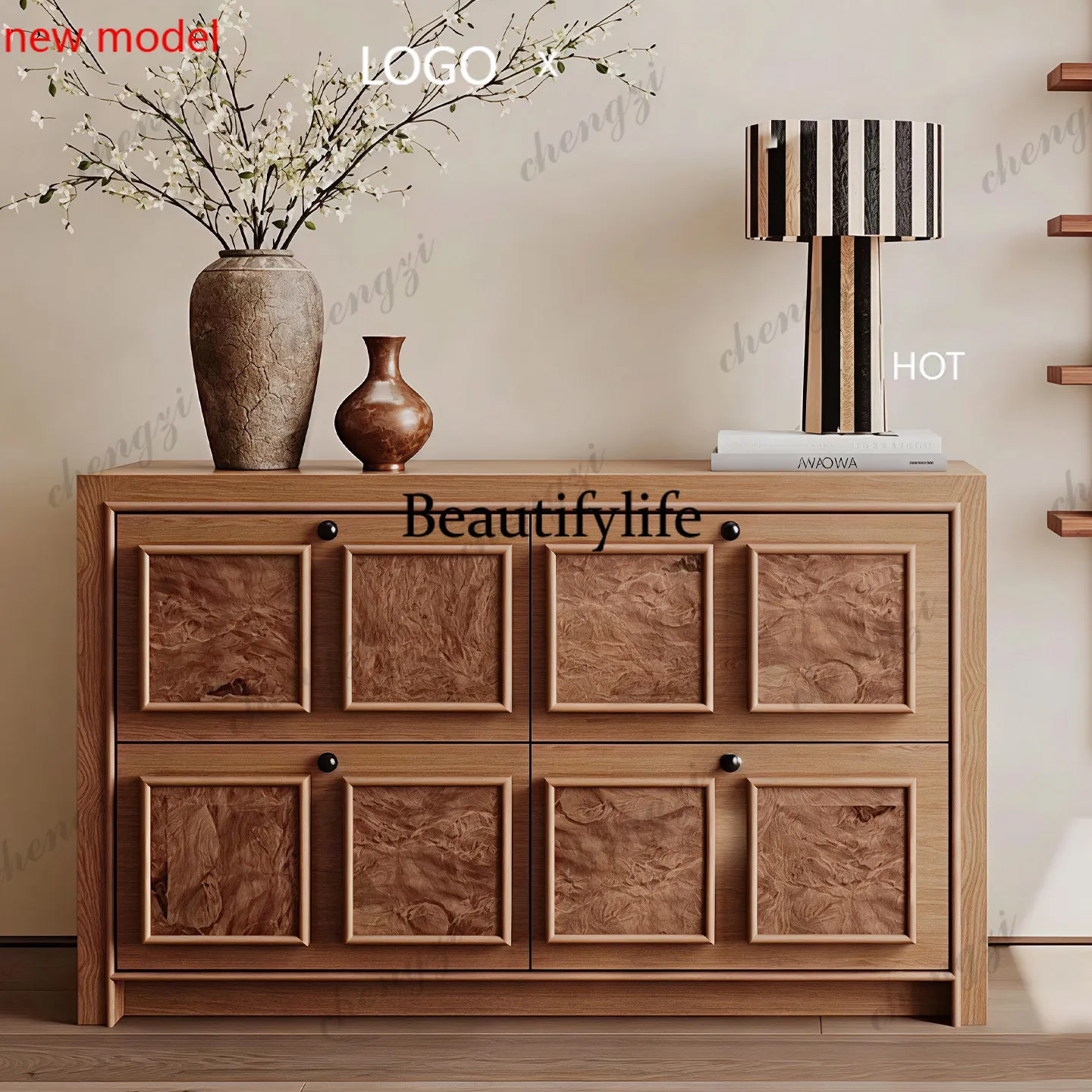 N138Solid wood four buckets, home living room locker, retro bedroom storage, dining side against the wall, chest of drawers