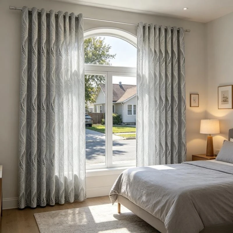 Gray Simple Modern Leaf Gauze Curtains for Living Dining Room Bedroom Translucent Opaque Semi-blinds Custom Size