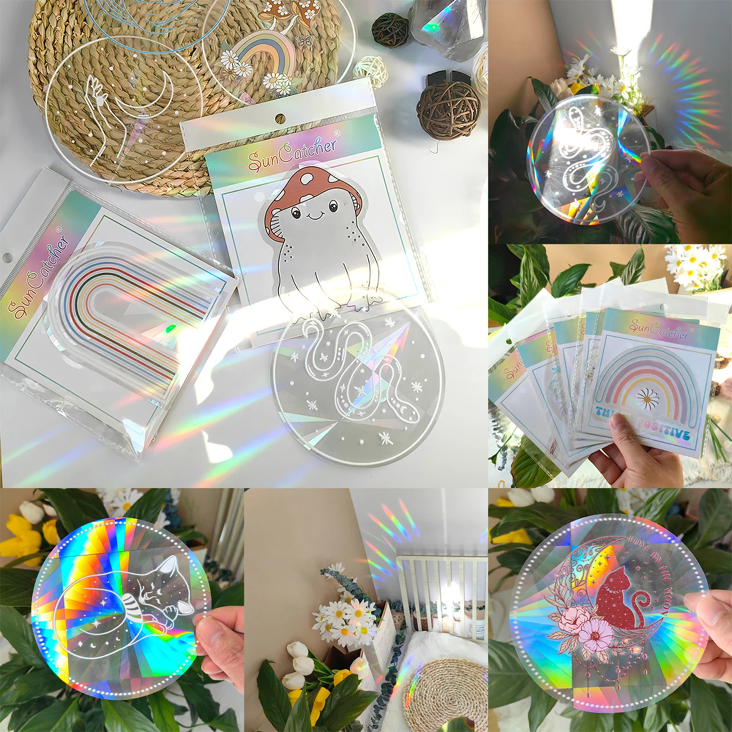 PVC 3D Rainbow Sun Catcher Wall Stickers Cat Bear Spaceship Planet Suncatcher Self Adhesive Window Sticker Room Home Decoration