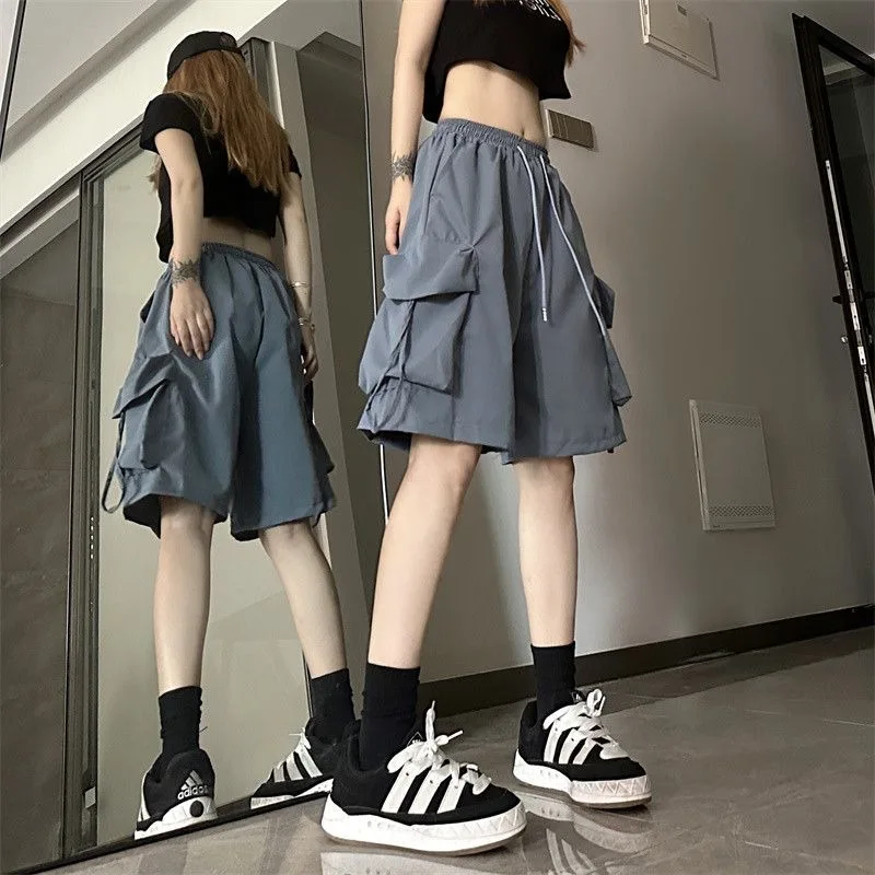 American Retro Cargo Shorts Men and Women Summer New Loose Straight Solid Color Casual Pants High Street Versatile Shorts Female