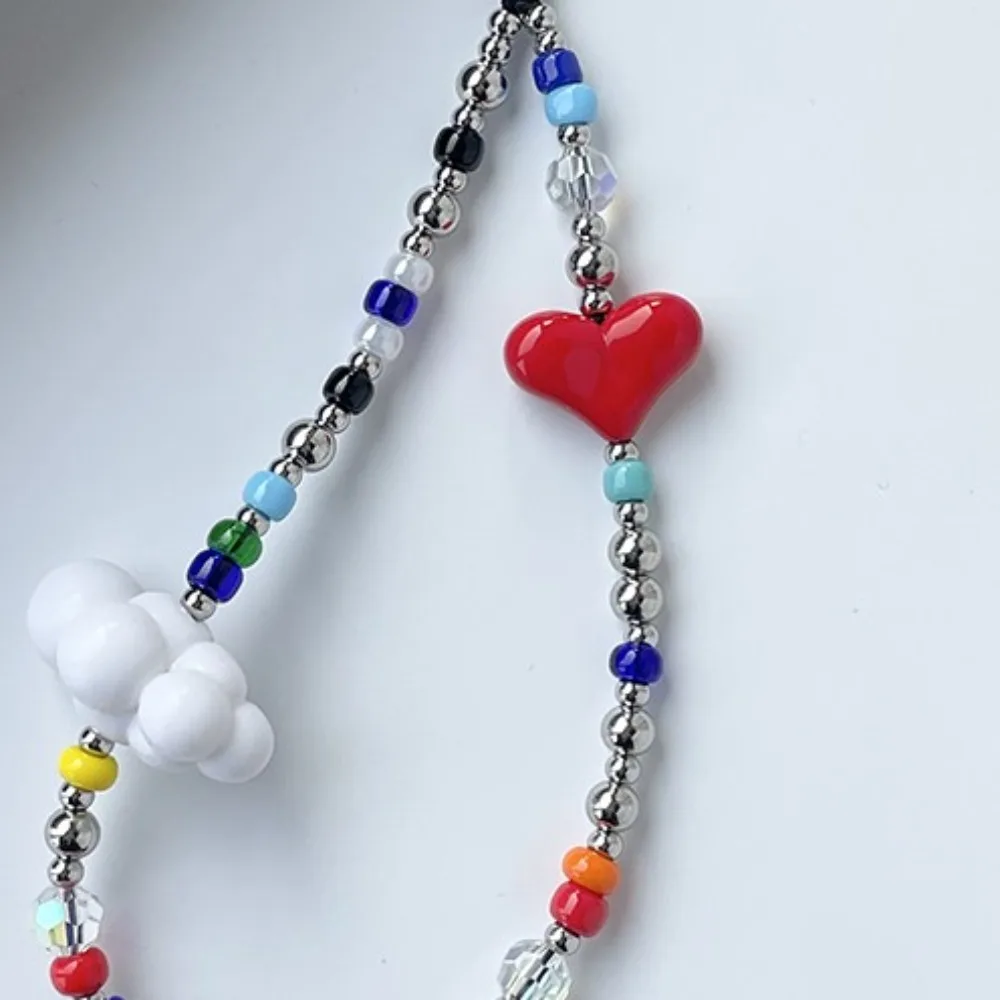 Fashion Y2K Woven Beaded Key Chain Pendant Colored Beads Cloud Key Chain Cartoon Red Heart Keychain