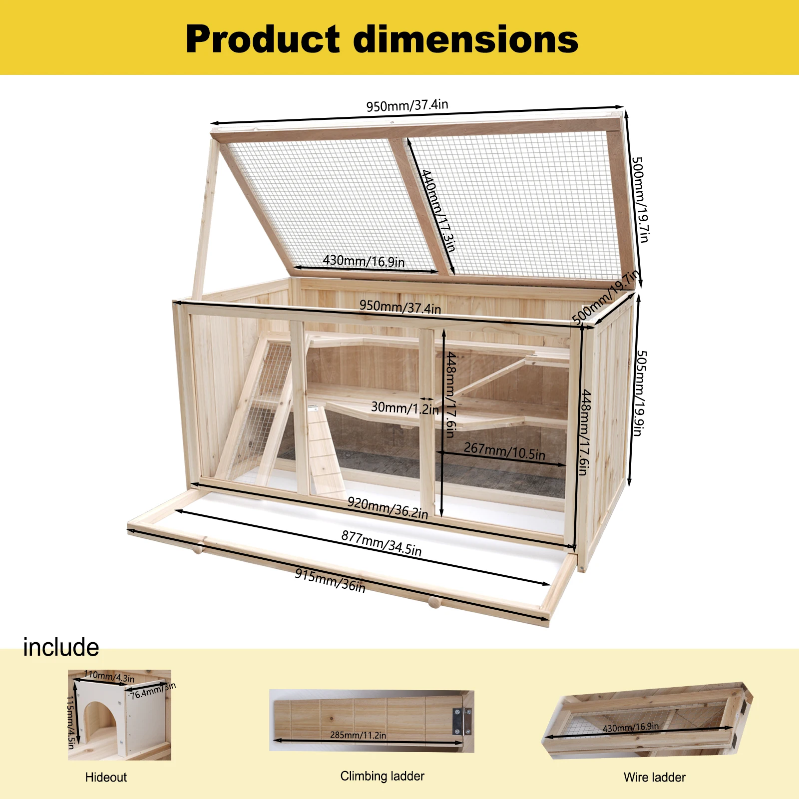 Large Wooden Hamster Cage with Acrylic Windows, Multi-Level Small Pet Habitat with Deep Tray, Ventilated Hutch for Syrian Dwarf Hamsters, Rabbits, Guinea Pigs, Chinchillas view 5