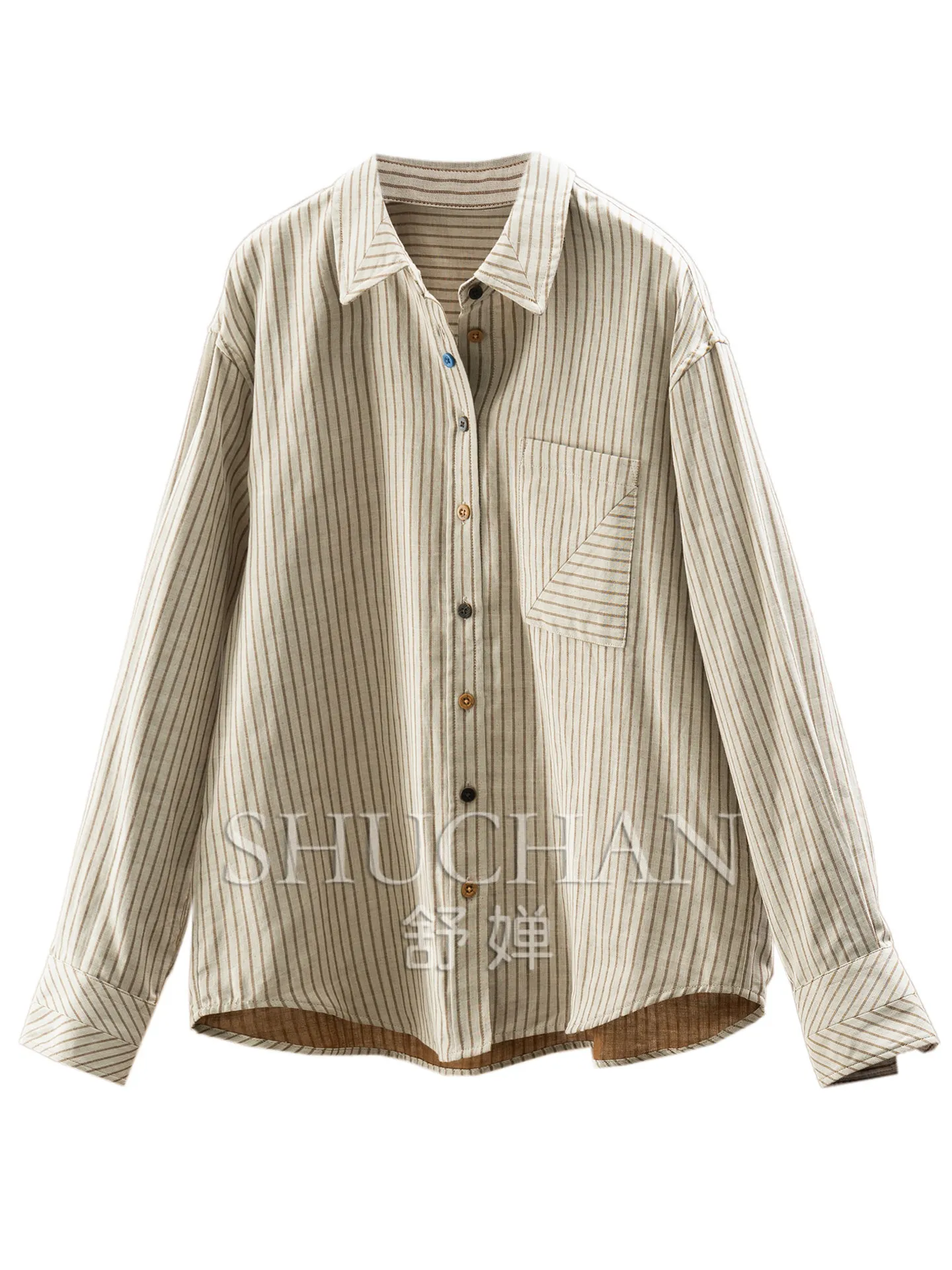 Geometric Split Design Yarn Striped Double Layer Cotton Yarn Shirt Women's 66W9 blusas femininas elegantes